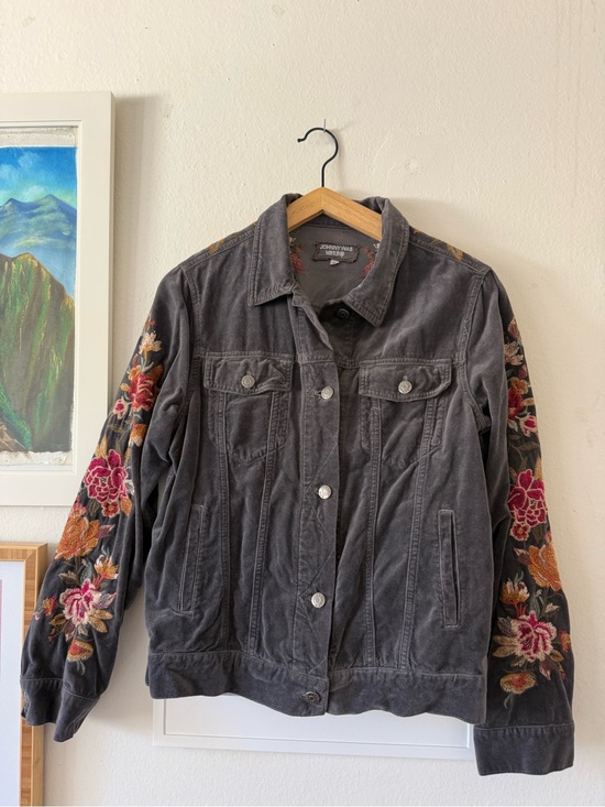 Johnny Was Jackets & Blazers - Johnny Was Charcoal Velvet Jacket with Floral Embroidered Sleeves